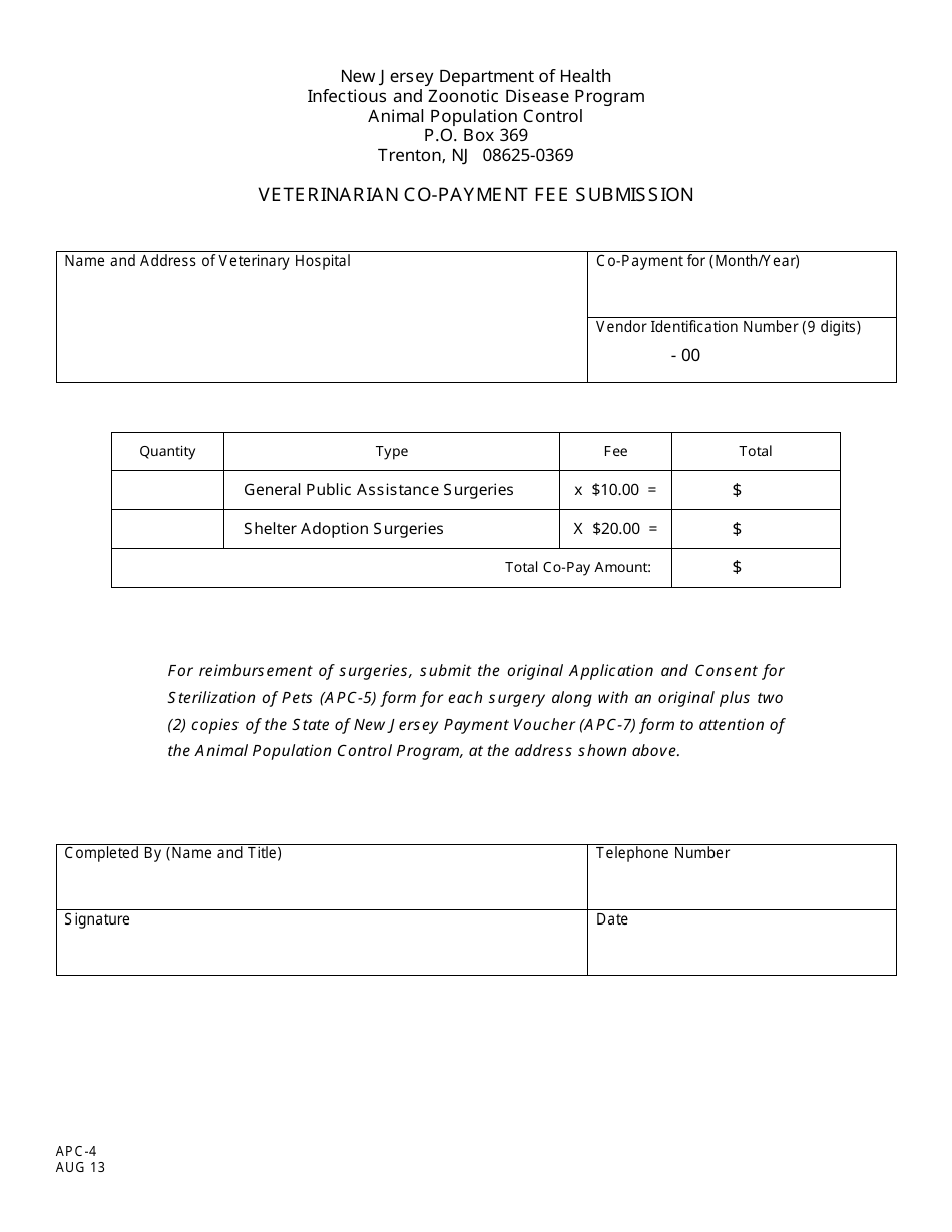 Form APC-4 Veterinarian Co-payment Fee Submission - New Jersey, Page 1