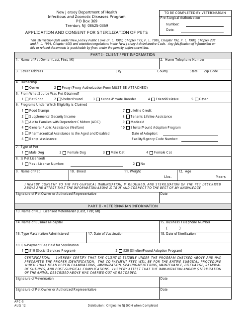Form APC-5 Application and Consent for Sterilization of Pets - New Jersey