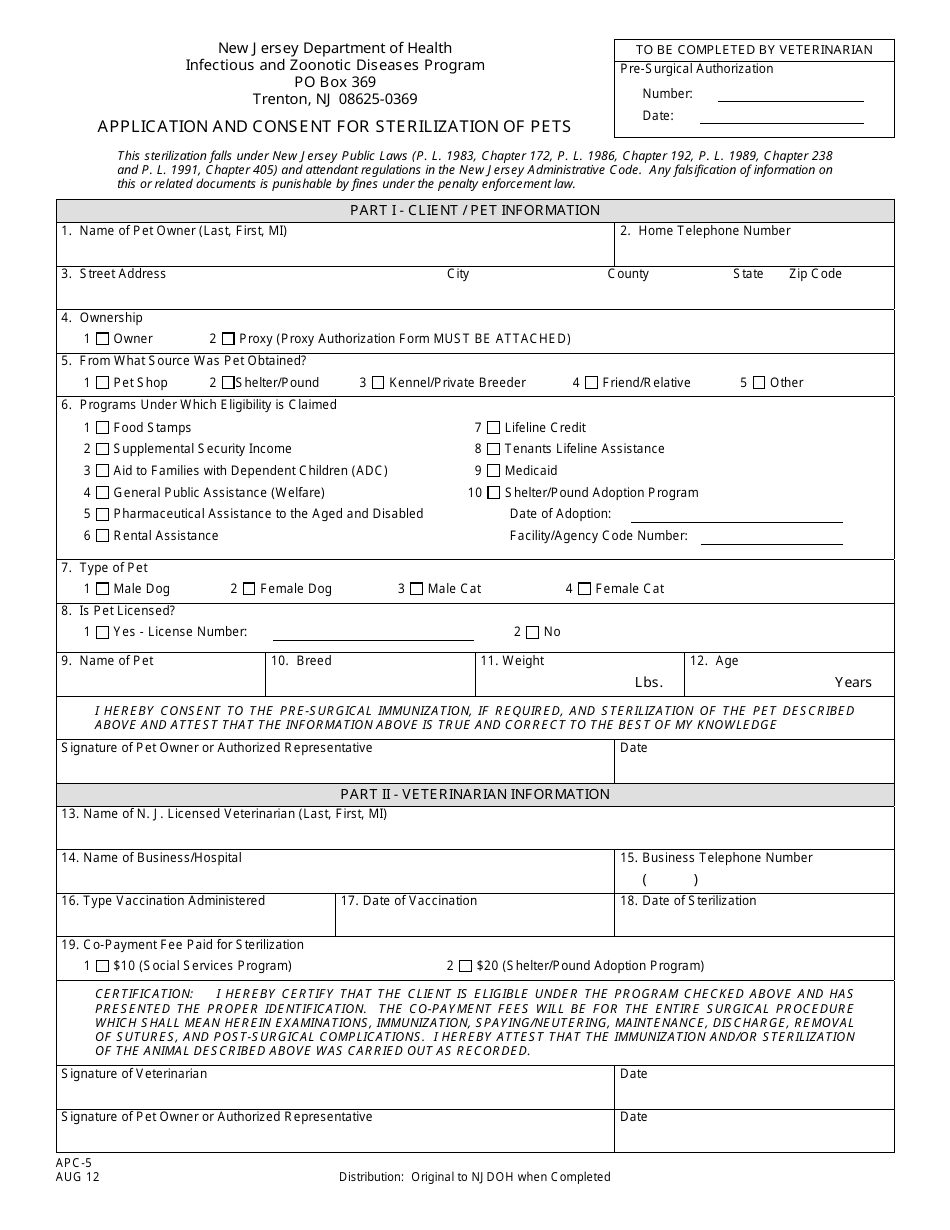 Form APC-5 Application and Consent for Sterilization of Pets - New Jersey, Page 1