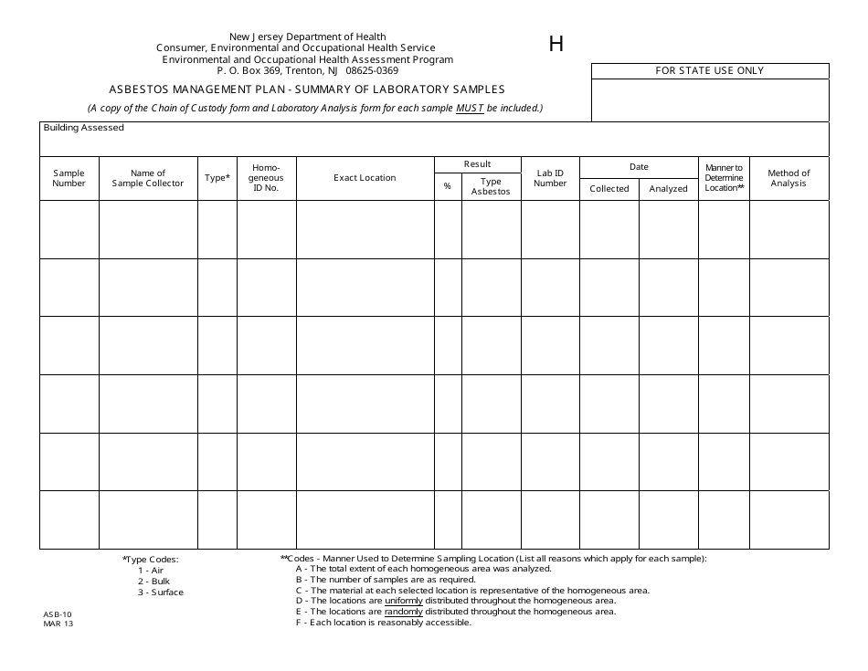 Form H (ASB-10) Asbestos Management Plan - Summary of Laboratory Samples - New Jersey, Page 1