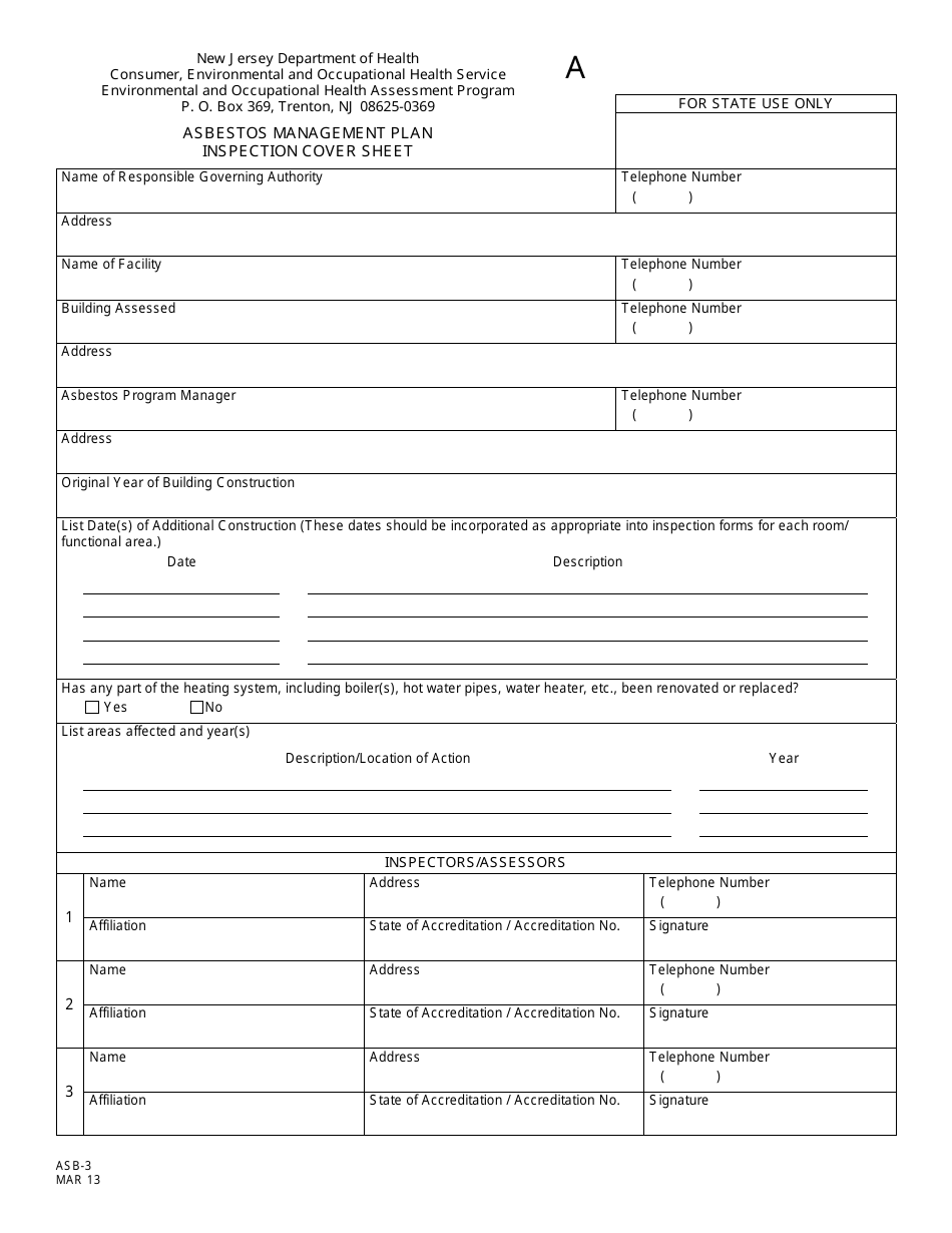 Form A (ASB-3) Asbestos Management Plan Inspection Cover Sheet - New Jersey, Page 1