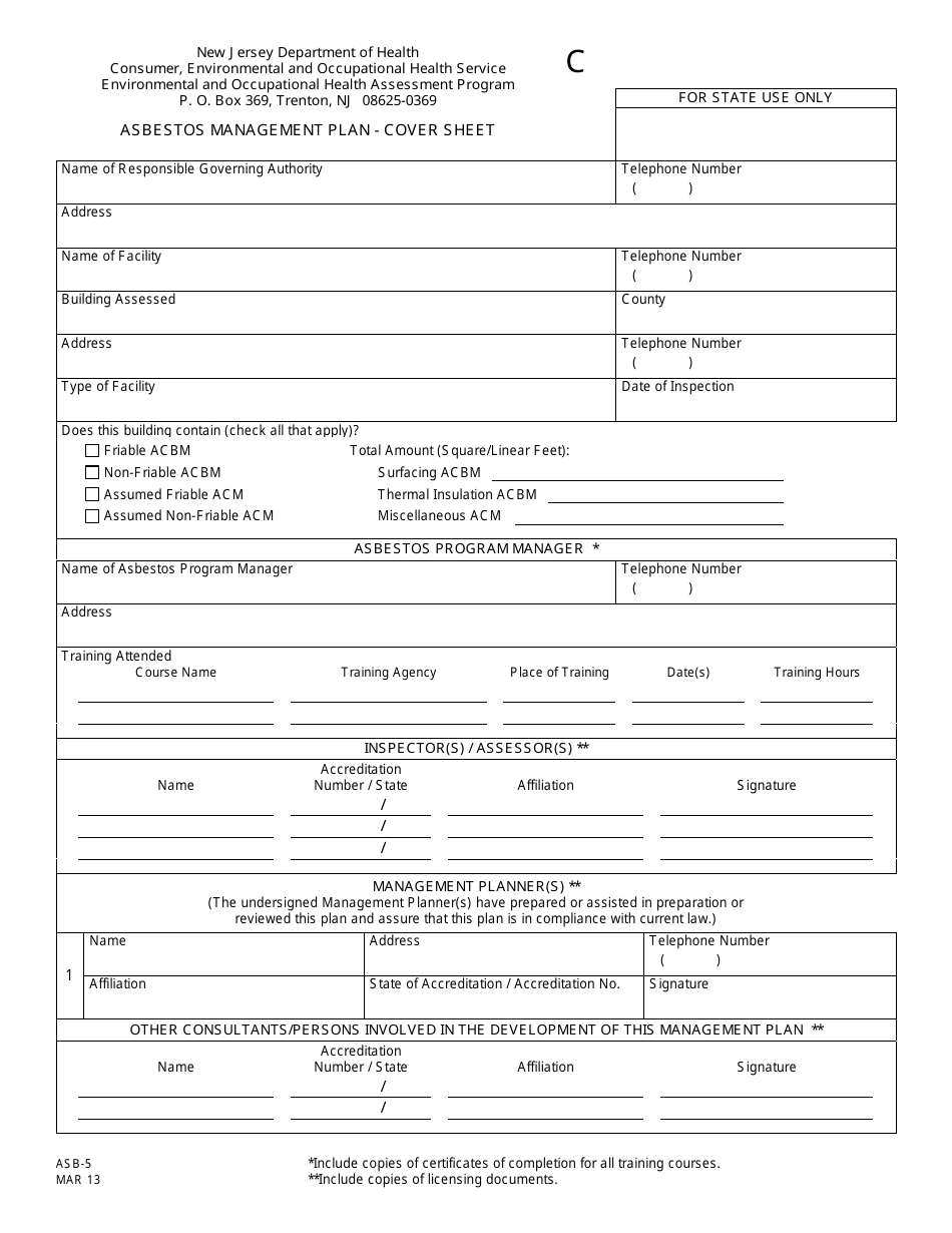 Form C (ASB-5) Asbestos Management Plan - Cover Sheet - New Jersey, Page 1