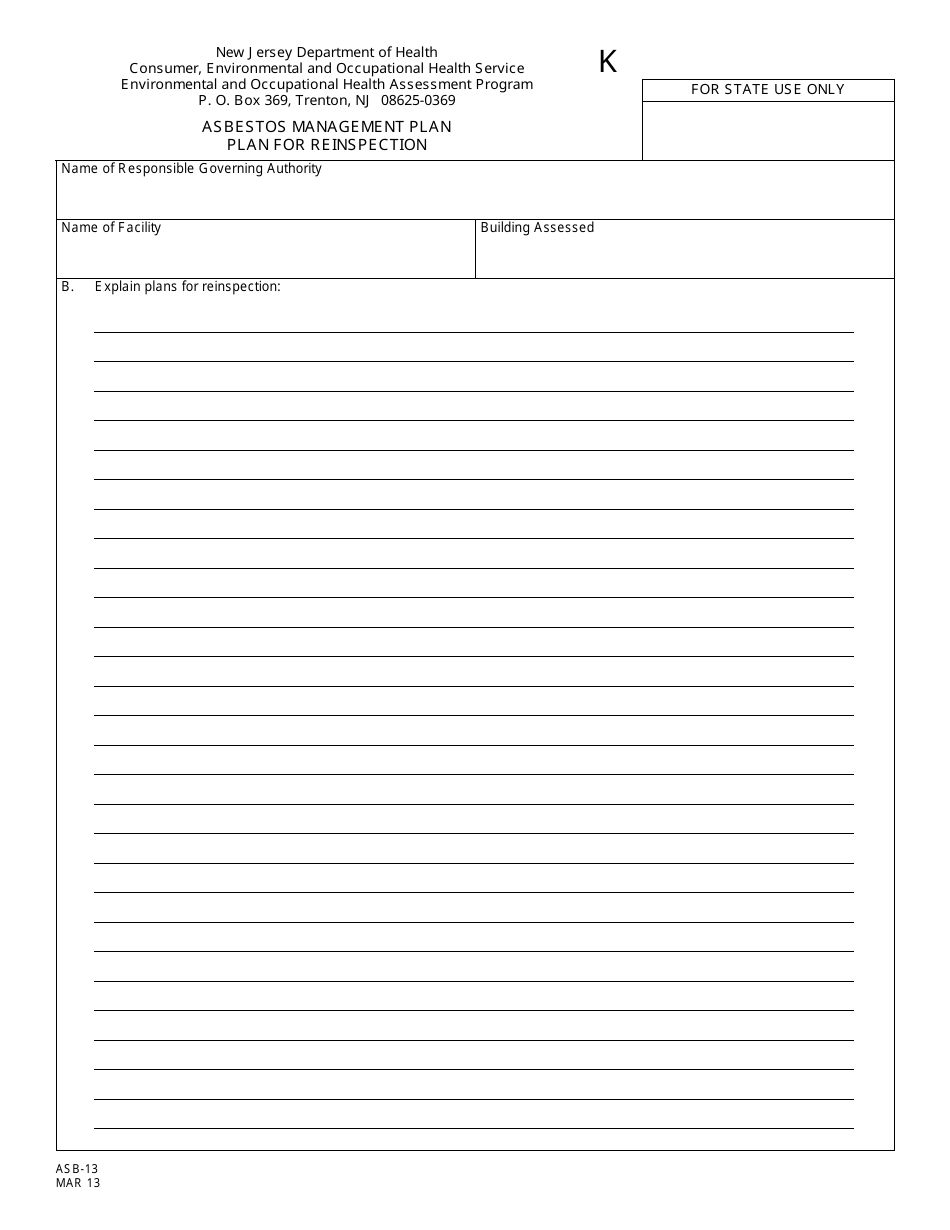 Form K (ASB-13) Asbestos Management Plan - Plan for Reinspection - New Jersey, Page 1