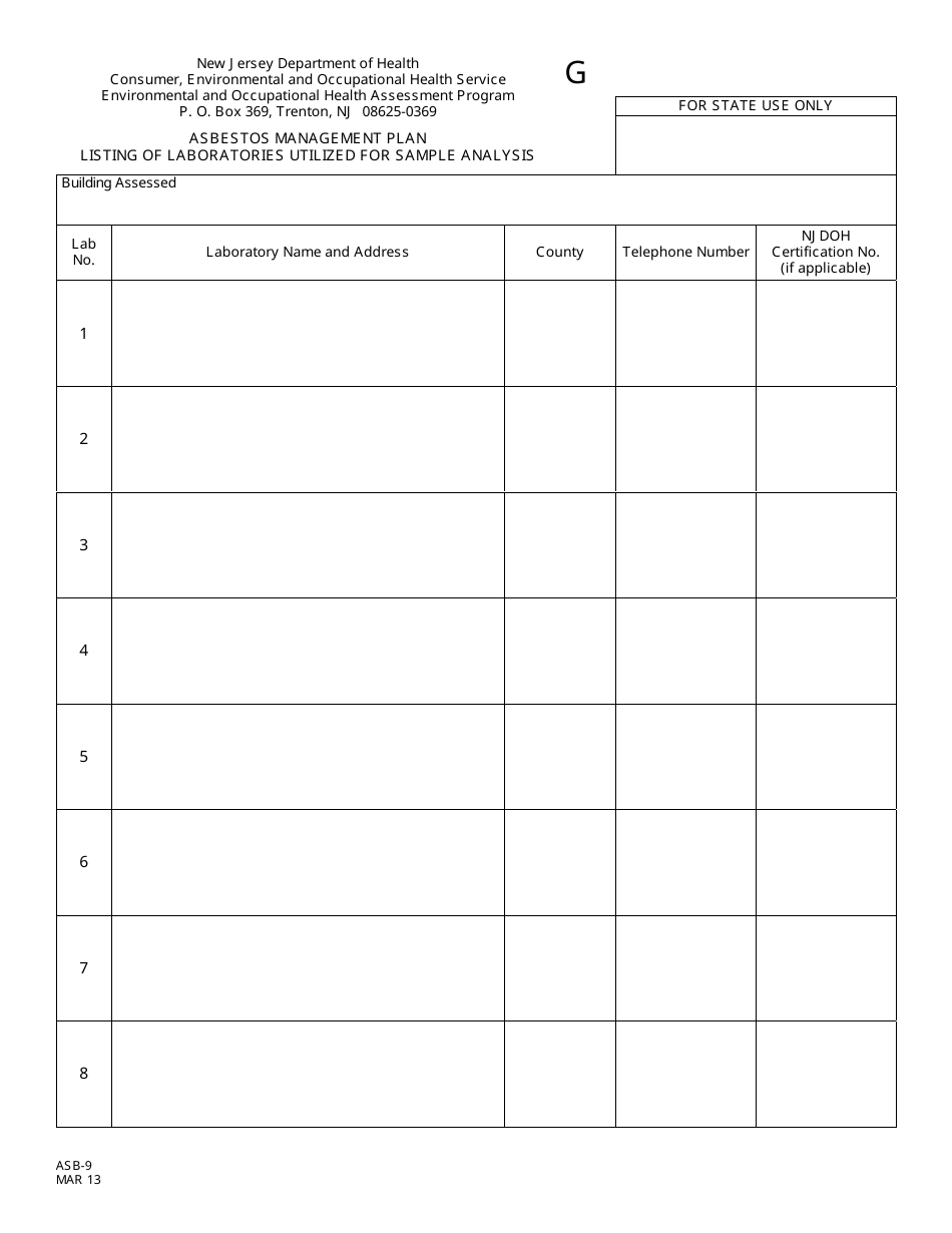 Form G (ASB-9) Asbestos Management Plan Listing of Laboratories Utilized for Sample Analysis - New Jersey, Page 1