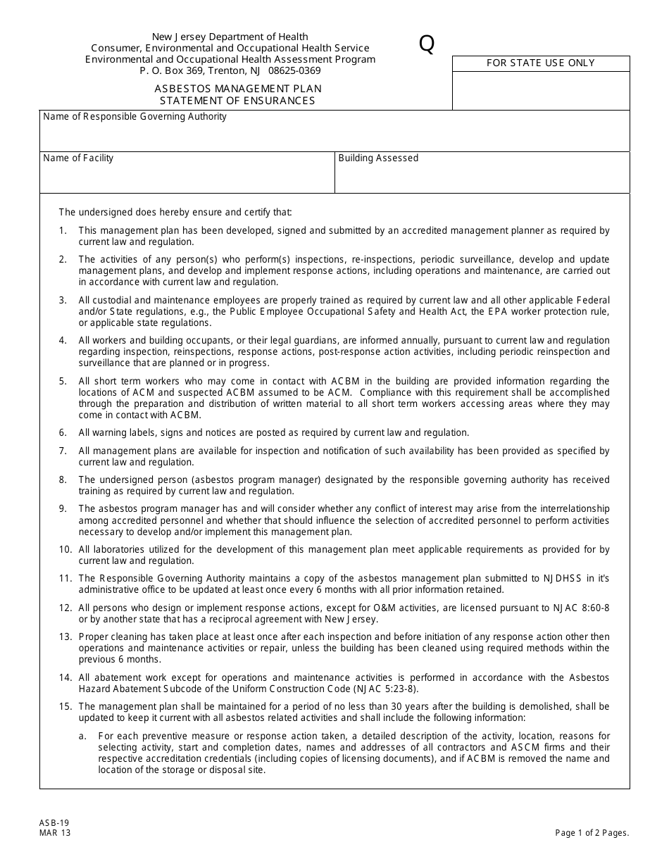Form Q (ASB-19) Asbestos Management Plan Statement of Ensurances - New Jersey, Page 1