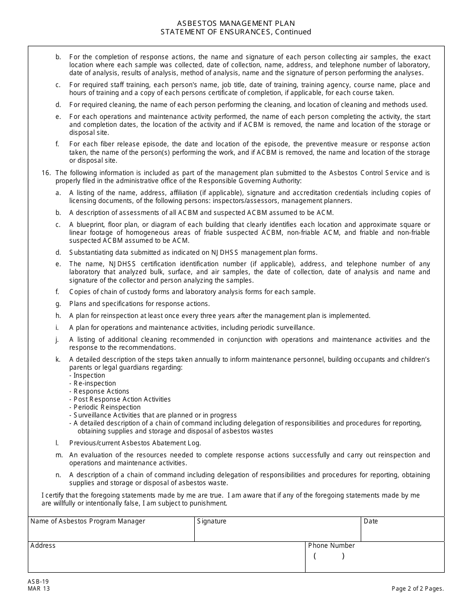 Form Q (ASB-19) Asbestos Management Plan Statement of Ensurances - New Jersey, Page 2