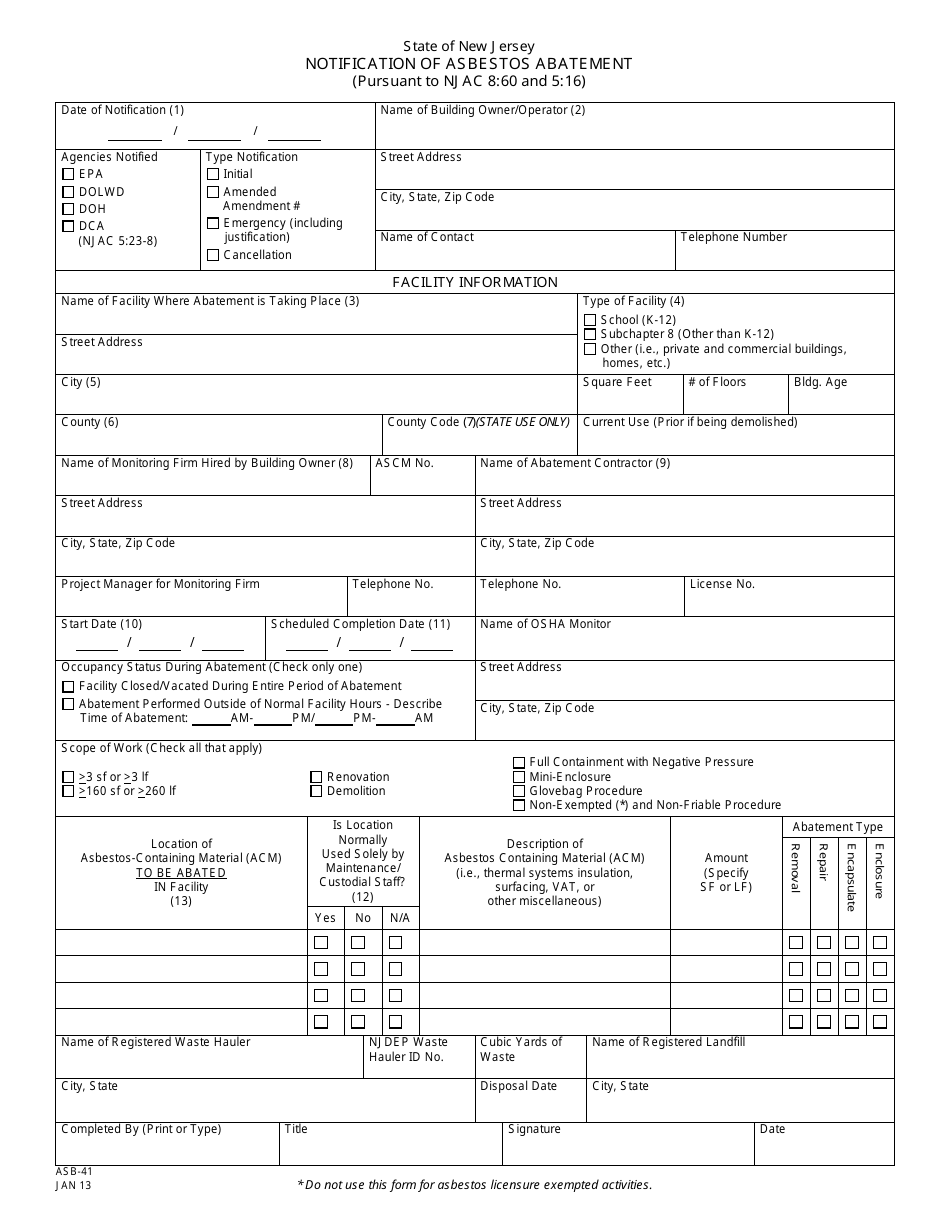 Form ASB-41 Notification of Asbestos Abatement - New Jersey, Page 1