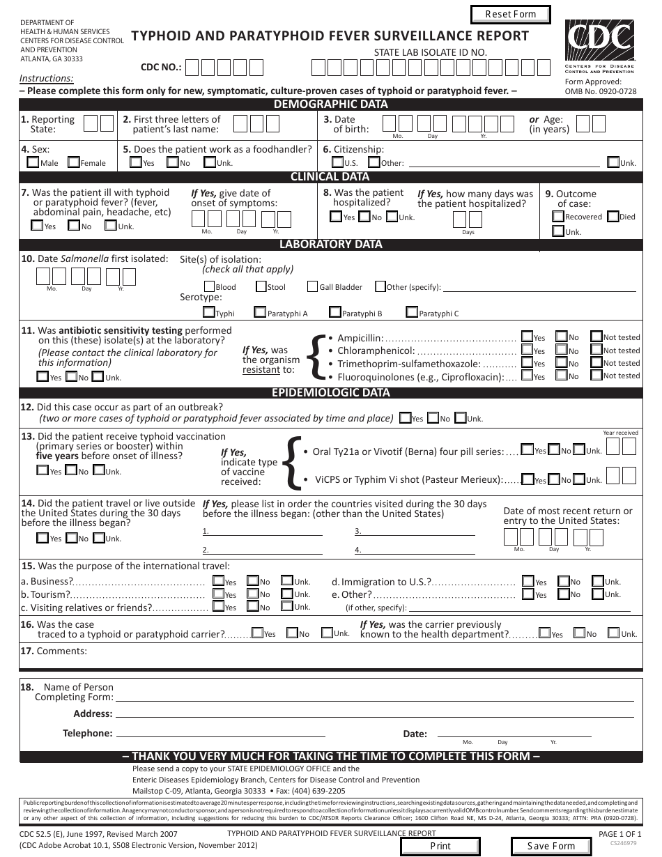 Form CDC52.5 Typhoid and Paratyphoid Fever Surveillance Report, Page 1
