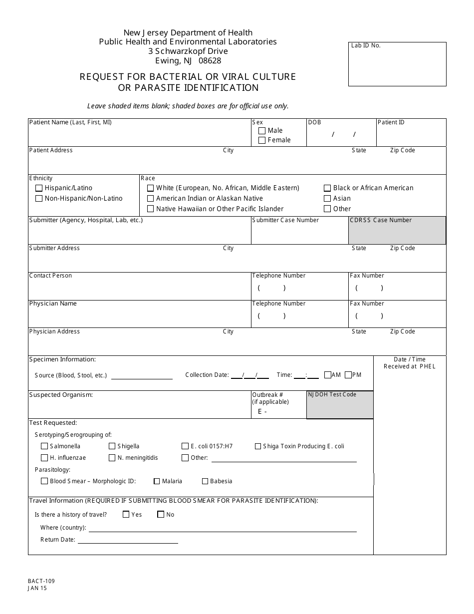 Form BACT-109 Request for Bacterial or Viral Culture or Parasite Identification - New Jersey, Page 1