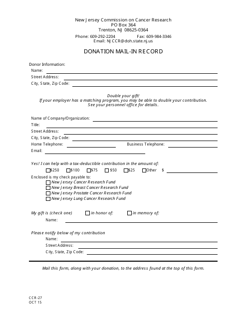 Form CCR-27 Donation Mail-In Record - New Jersey