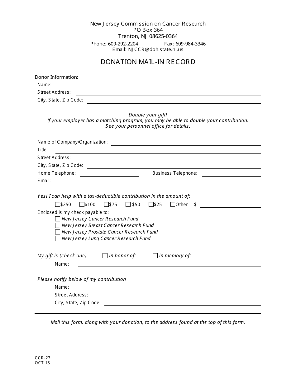 Form CCR-27 Donation Mail-In Record - New Jersey, Page 1