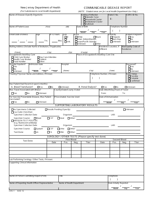 Form CDS-1 Communicable Disease Report - New Jersey