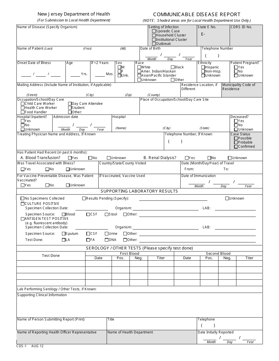 Form CDS-1 Communicable Disease Report - New Jersey, Page 1