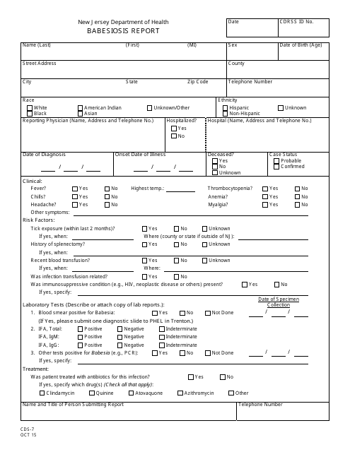 Form CDS-7 Babesiosis Report - New Jersey