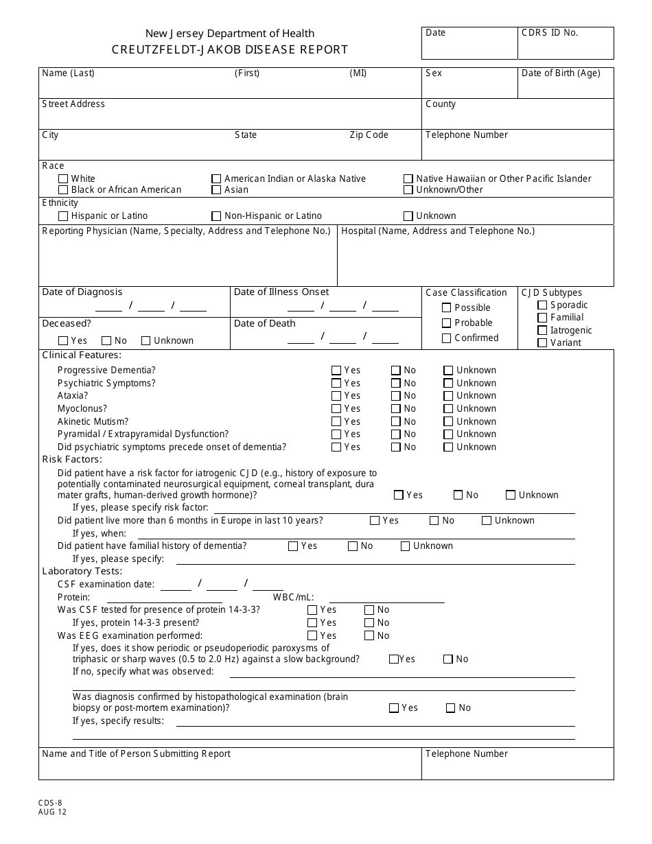 Form CDS-8 Creutzfeldt-Jacob Disease Report - New Jersey, Page 1