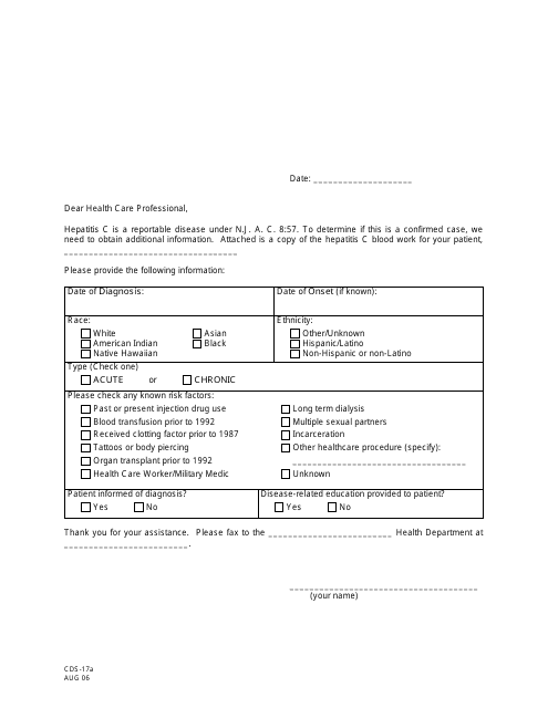 Form CDS-17A Hepatitis C Investigation Letter (Short) - New Jersey
