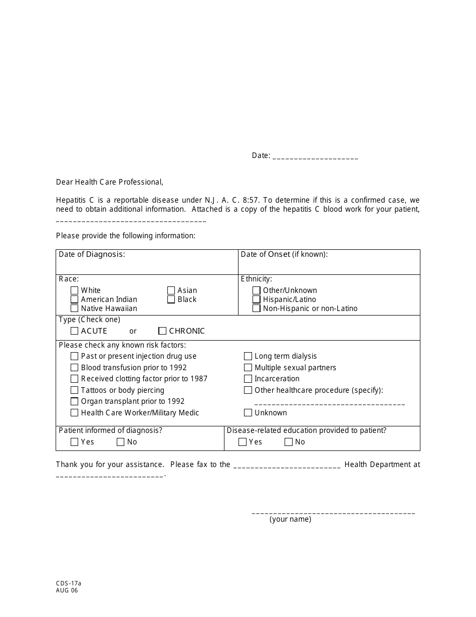 Form CDS-17A Hepatitis C Investigation Letter (Short) - New Jersey, Page 1