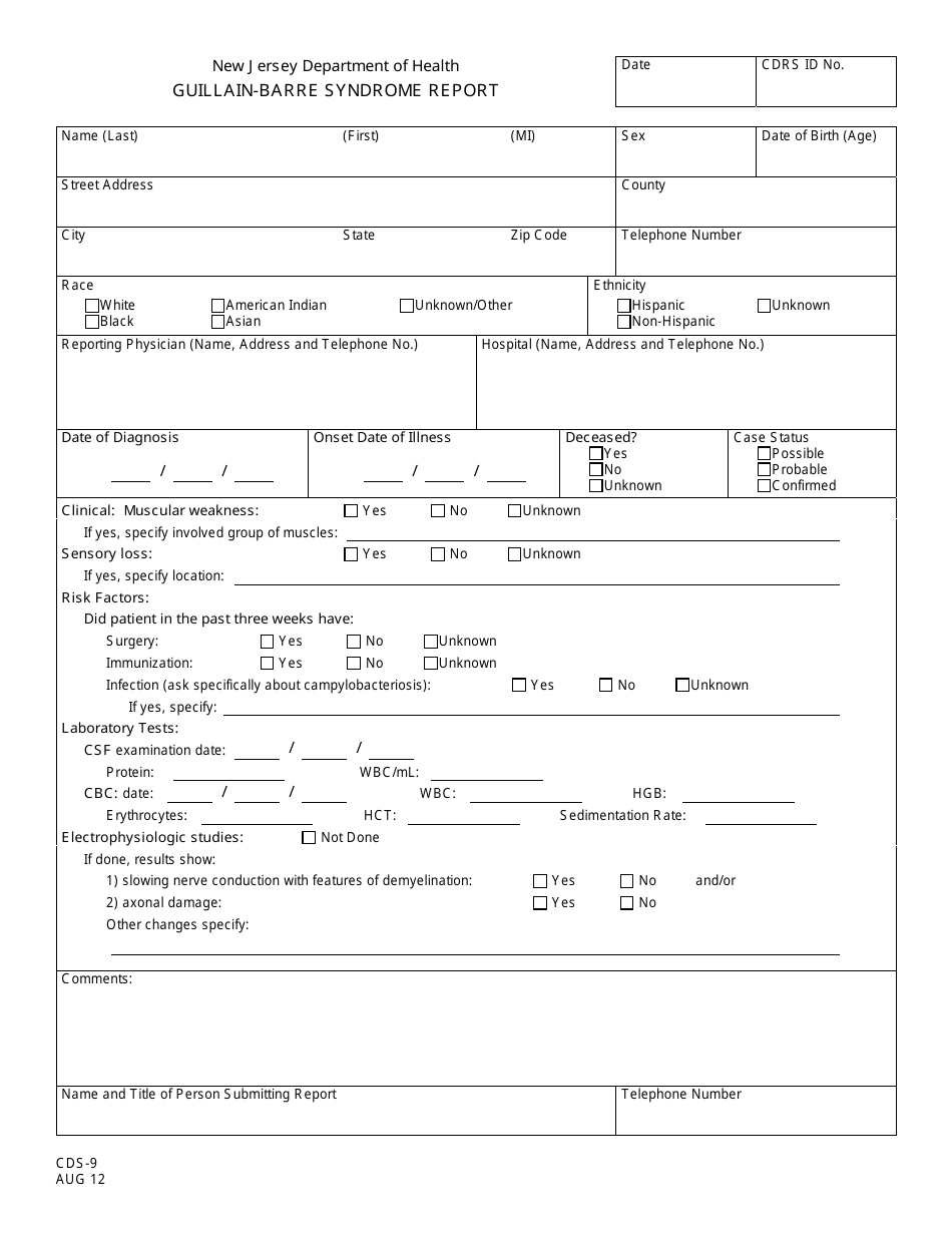 Form CDS-9 Guillain-Barre Syndrome Report - New Jersey, Page 1