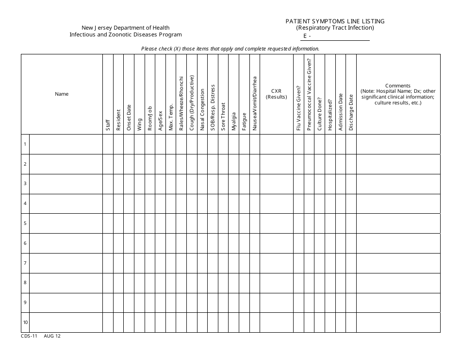 Form CDS-11 Patient Symptoms Line Listing (Respiratory Tract Infection) - New Jersey, Page 1