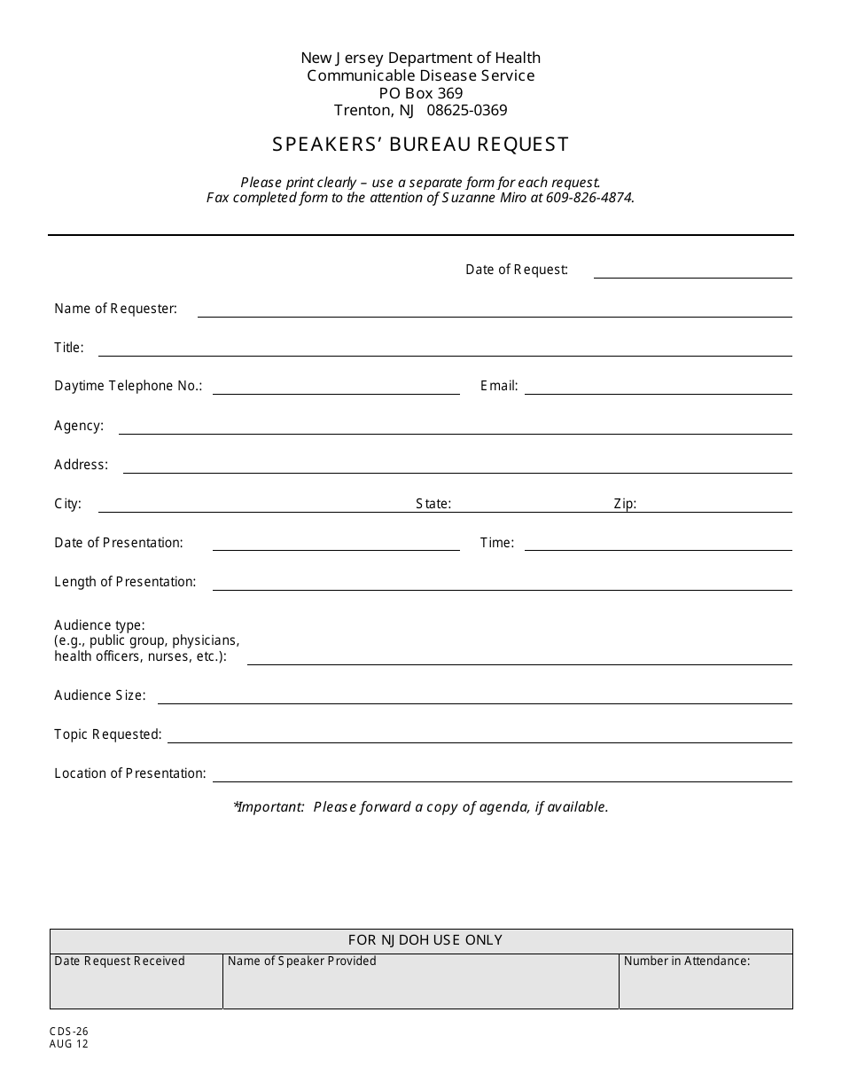 Form CDS-26 Speakers Bureau Request - New Jersey, Page 1