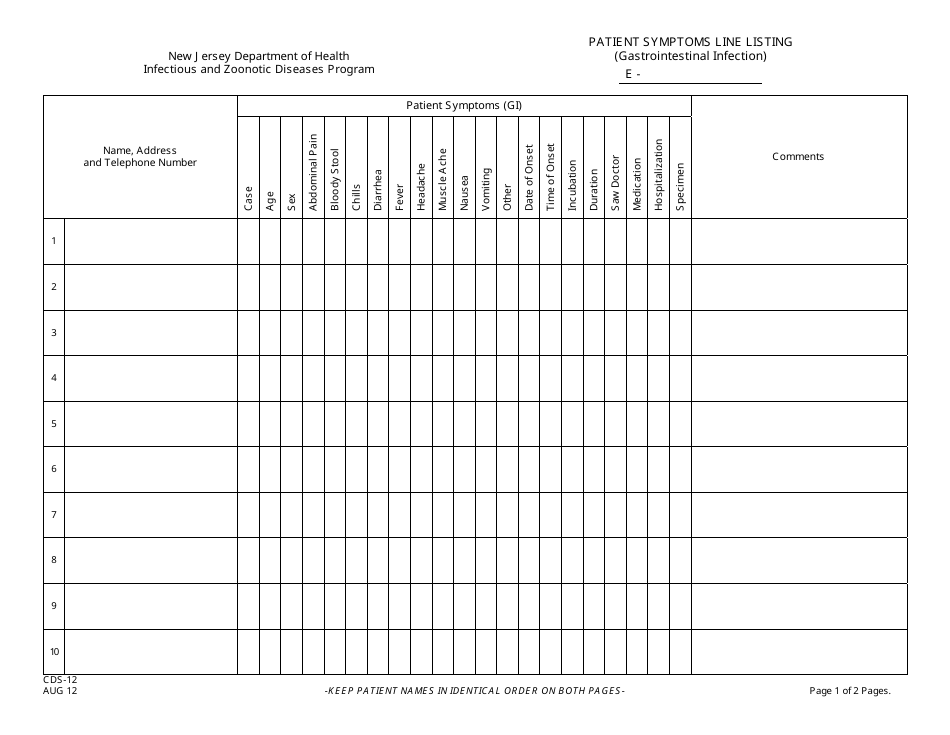 Form CDS-12 Patient Symptoms Line Listing (Gastrointestinal Infection) - New Jersey, Page 1