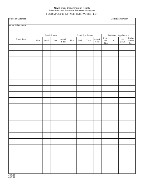 Form CDS-13 Food-Specific Attack Rate Worksheet - New Jersey