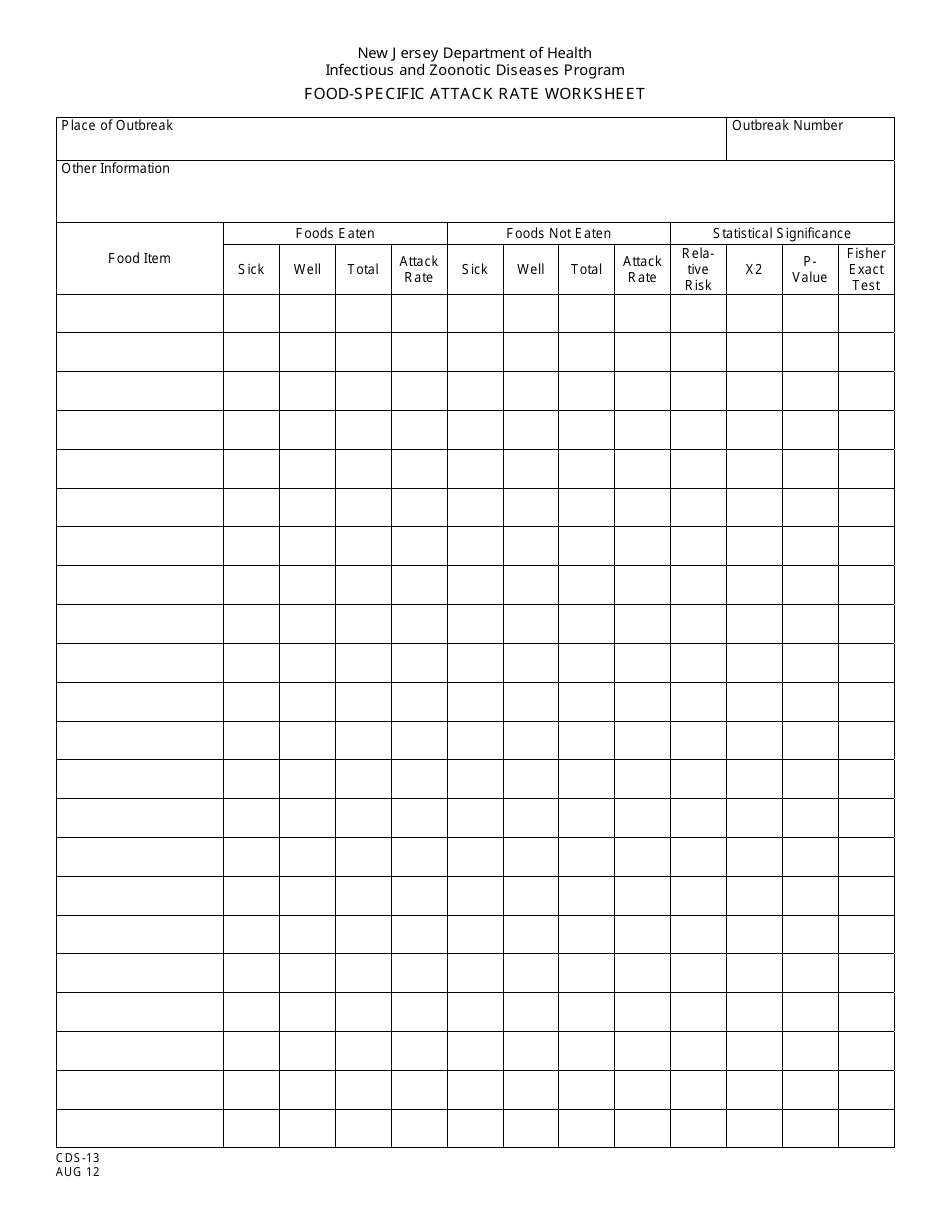Form CDS-13 Food-Specific Attack Rate Worksheet - New Jersey, Page 1