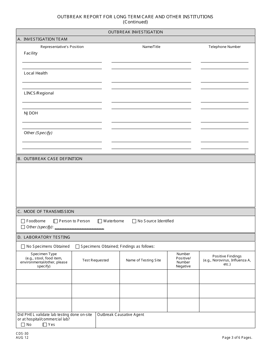 Form CDS-30 Outbreak Report for Long Term Care and Other Institutions - New Jersey, Page 3