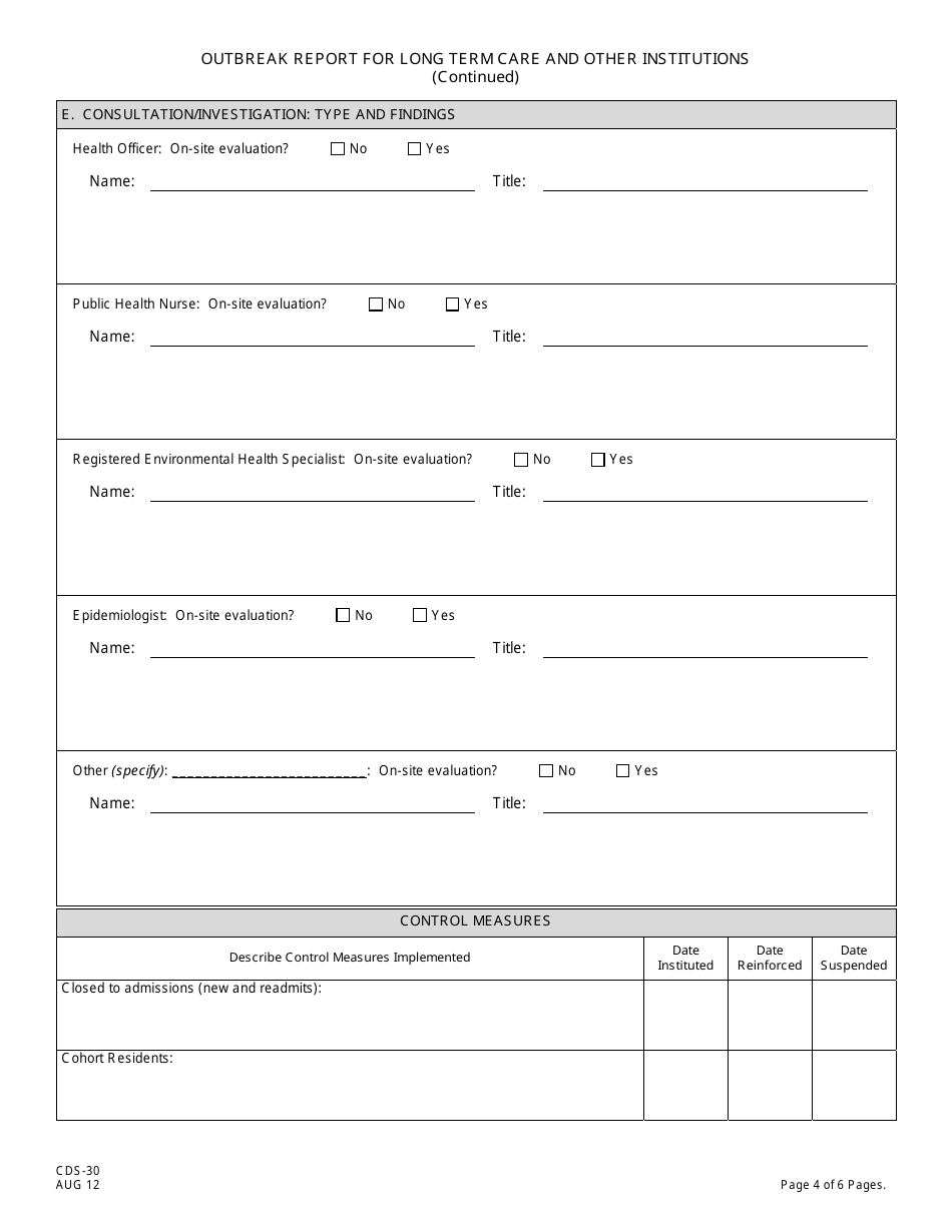 Form CDS-30 Outbreak Report for Long Term Care and Other Institutions - New Jersey, Page 4