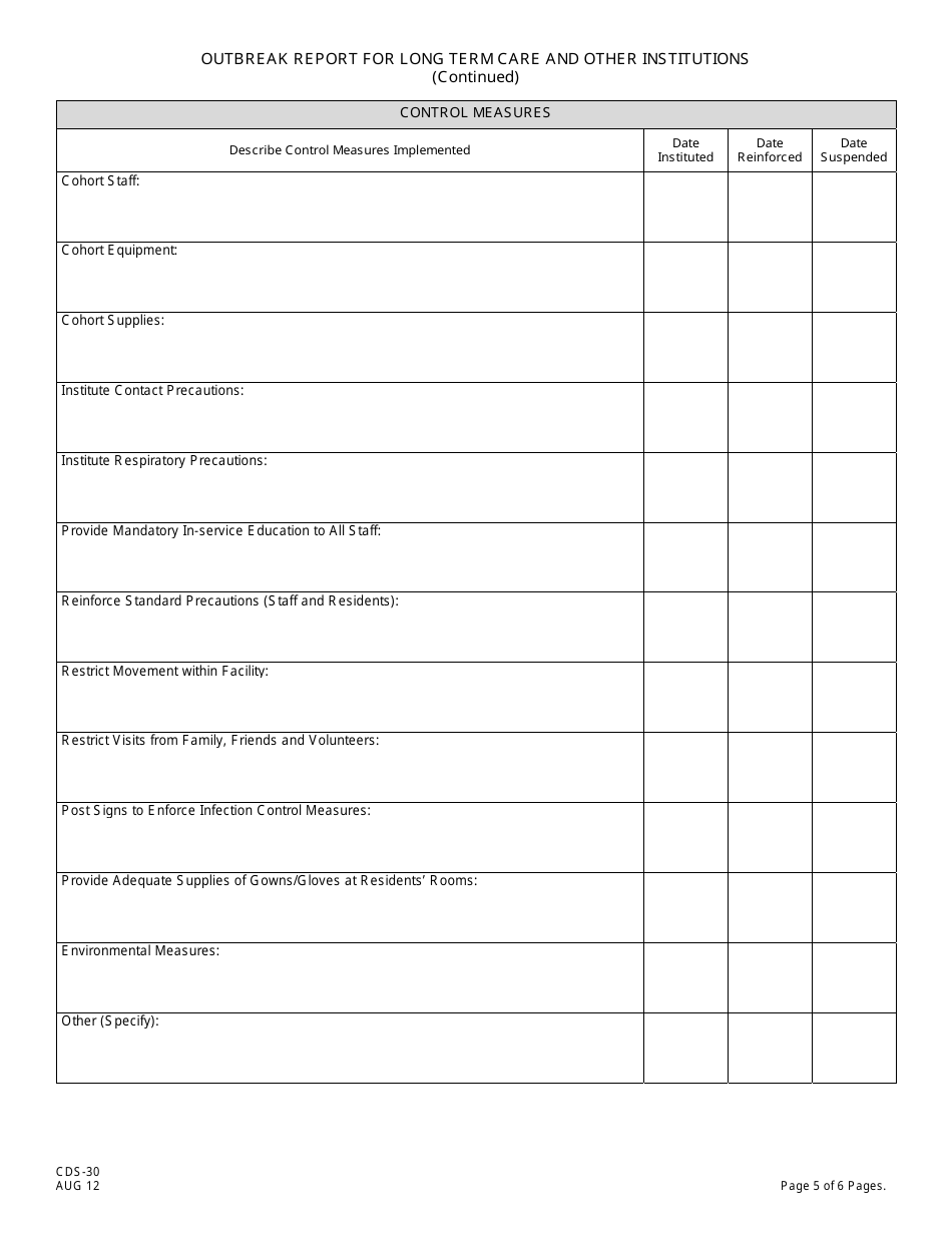 Form CDS-30 Outbreak Report for Long Term Care and Other Institutions - New Jersey, Page 5