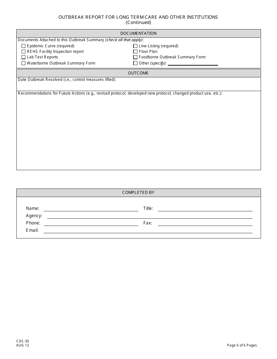 Form CDS-30 Outbreak Report for Long Term Care and Other Institutions - New Jersey, Page 6