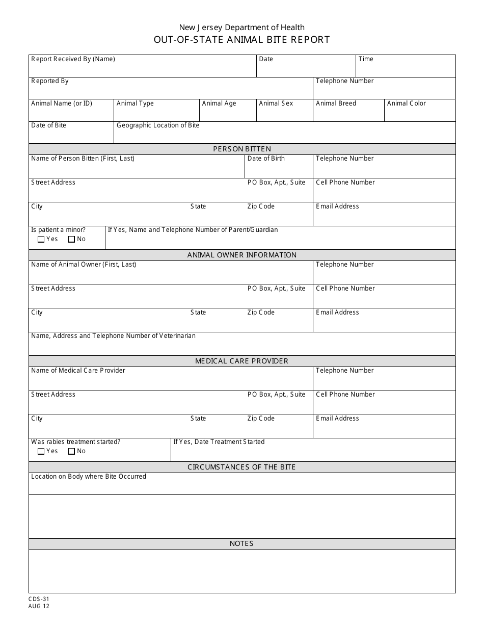 Form CDS-31 Out-of-State Animal Bite Report - New Jersey, Page 1