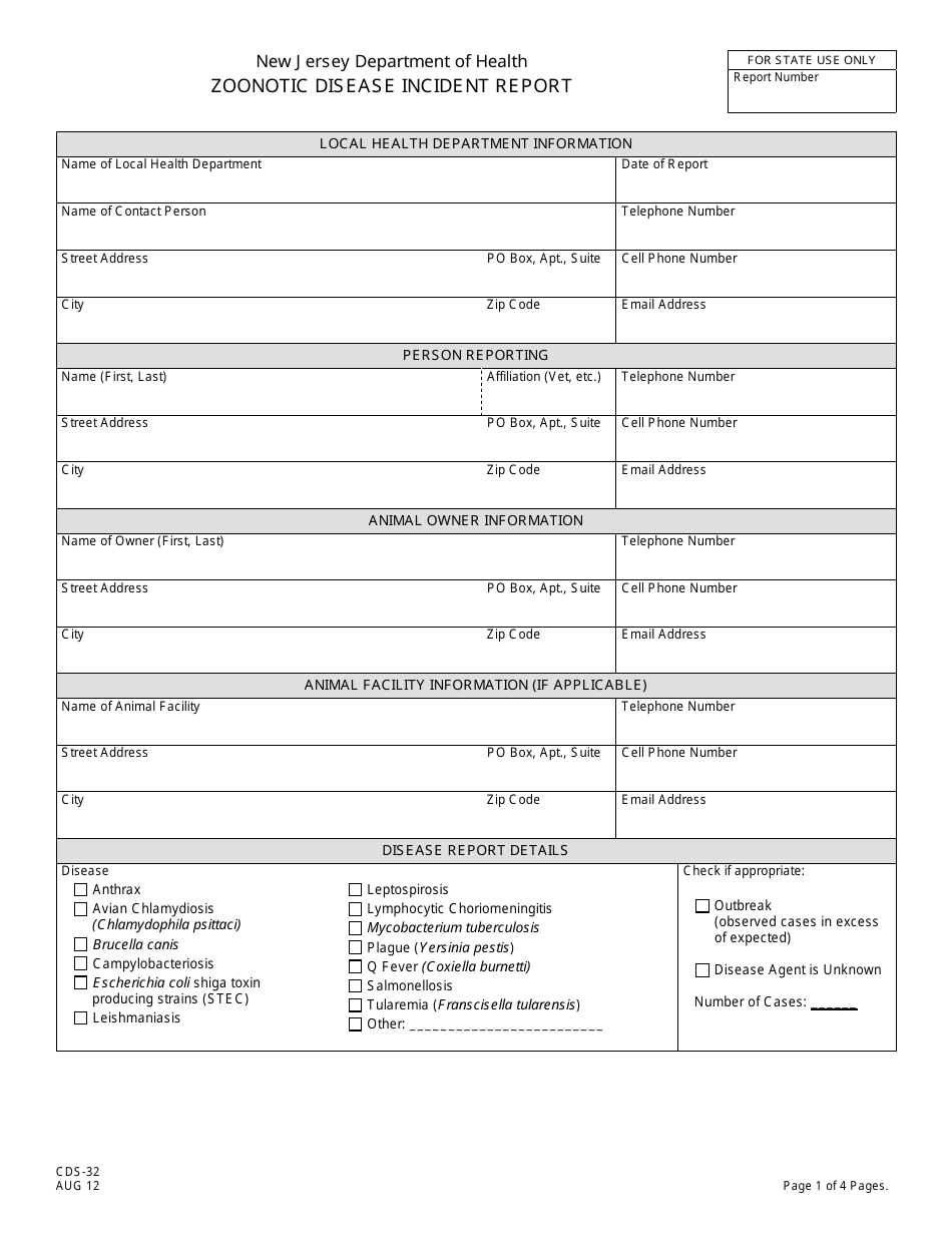 Form CDS-32 Zoonotic Disease Incident Report - New Jersey, Page 1
