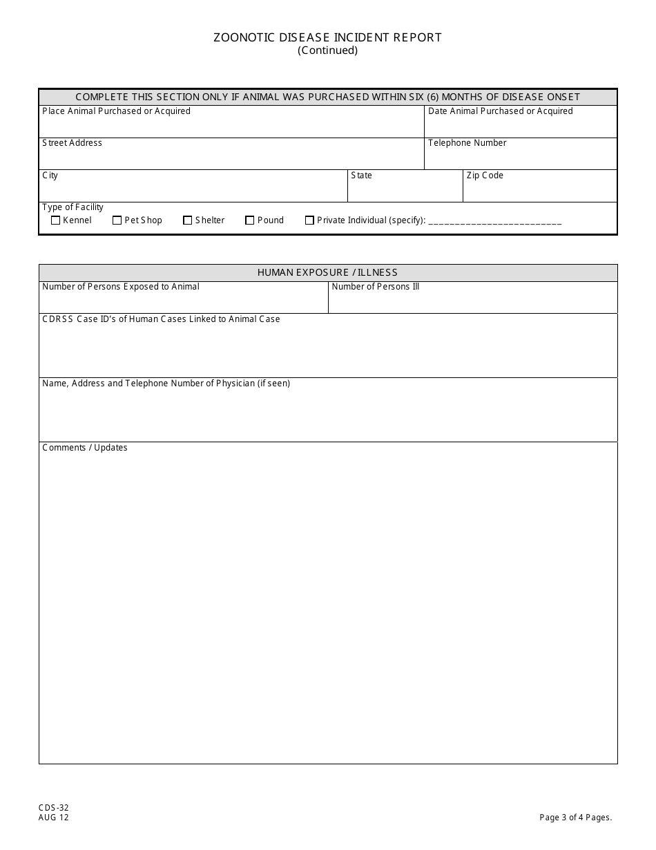 Form CDS-32 Zoonotic Disease Incident Report - New Jersey, Page 3