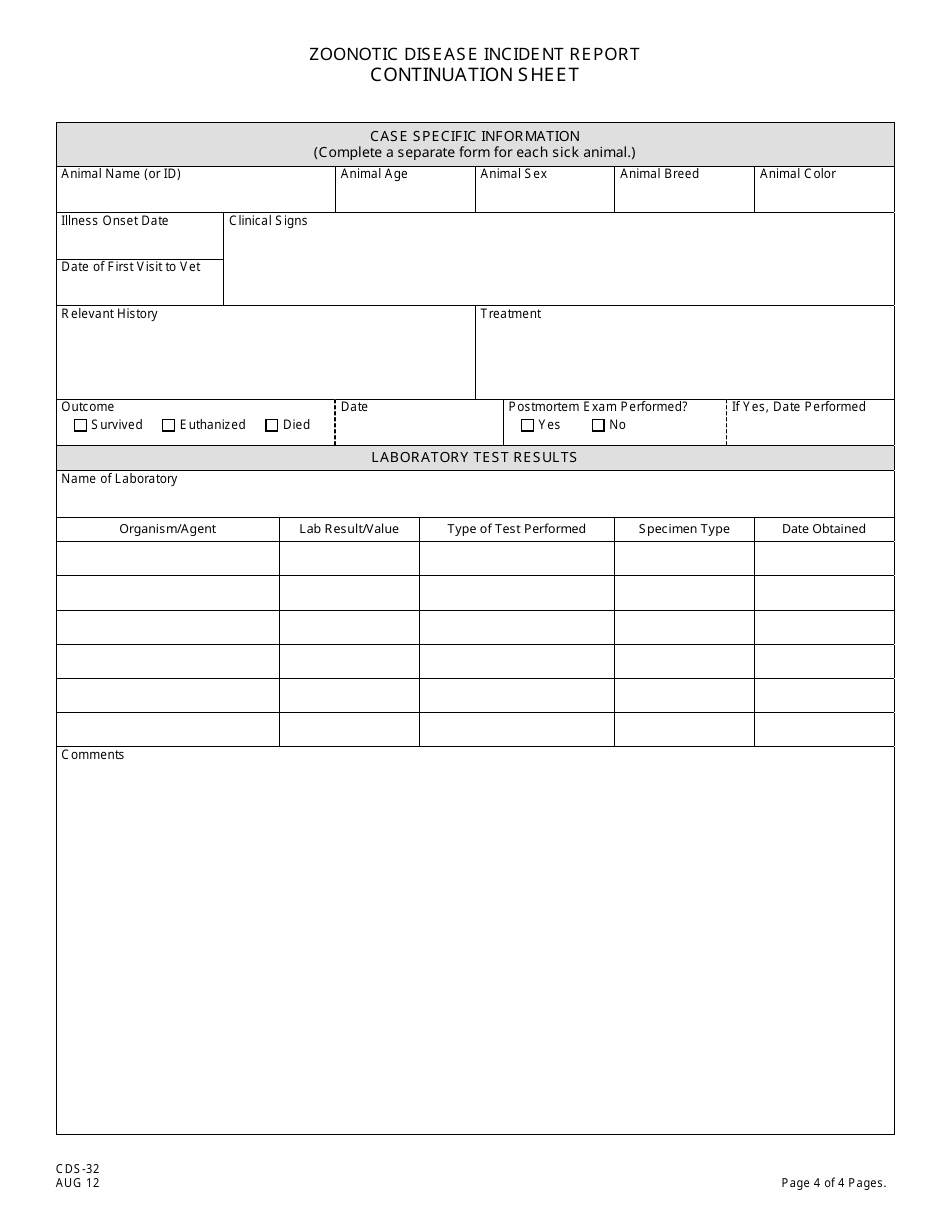 Form CDS-32 Zoonotic Disease Incident Report - New Jersey, Page 4