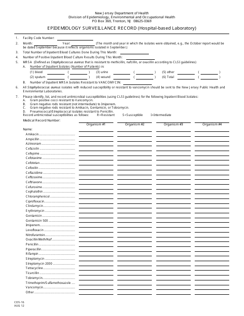 Form CDS-16 Epidemiology Surveillance Record (Hospital-Based Laboratory) - New Jersey
