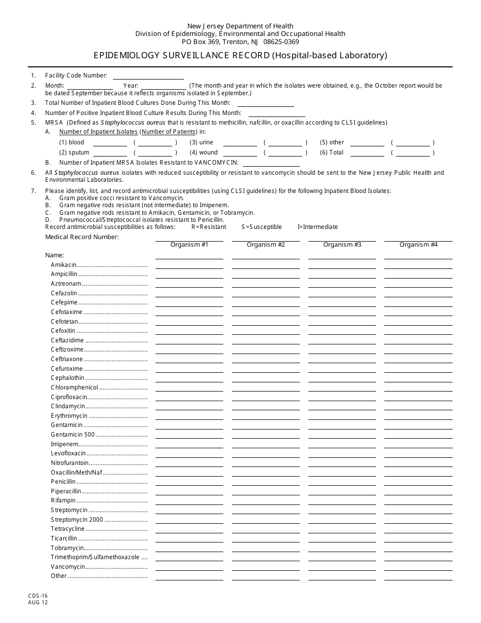 Form Cds 16 Download Printable Pdf Or Fill Online Epidemiology Surveillance Record Hospital 3158
