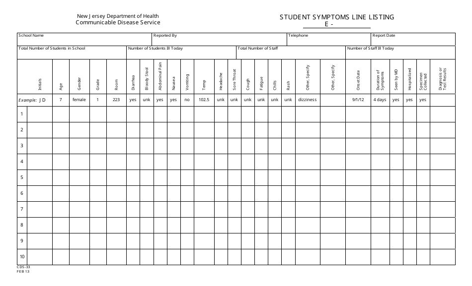 Form CDS-33 Student Symptoms Line Listing - New Jersey, Page 1