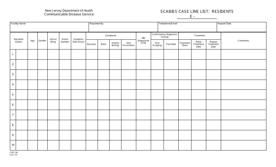 Form CDS-34 Scabies Case Line List: Residents - New Jersey, Page 1
