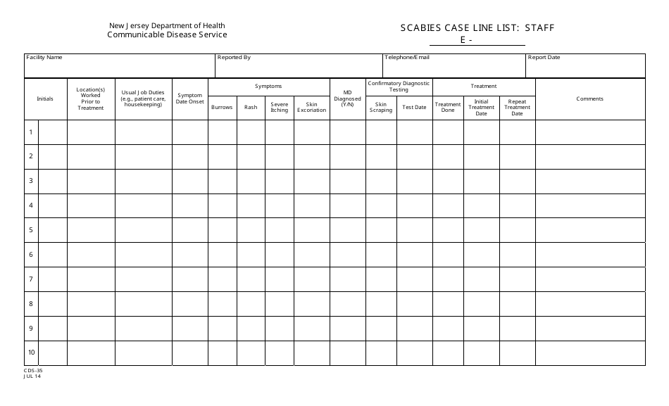 Form CDS-35 Scabies Case Line List: Staff - New Jersey, Page 1