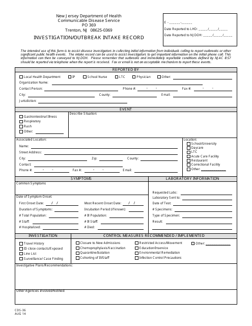 Form CDS-36 Investigation/Outbreak Intake Record - New Jersey