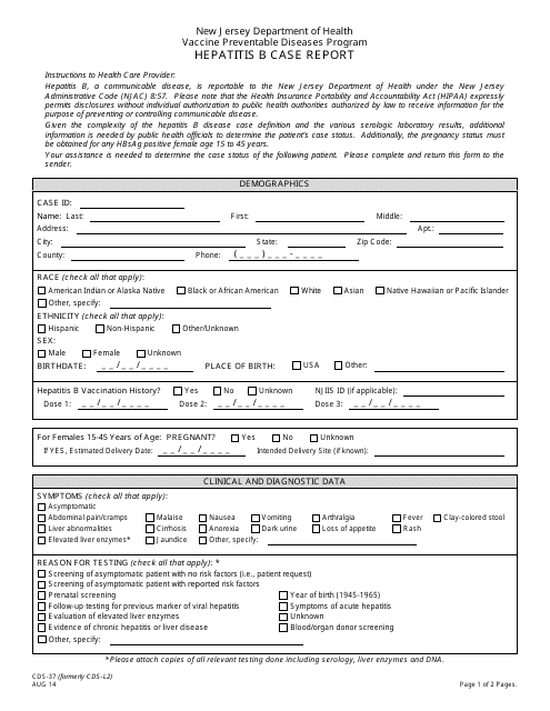 Form CDS-37 Hepatitis B Case Report - New Jersey