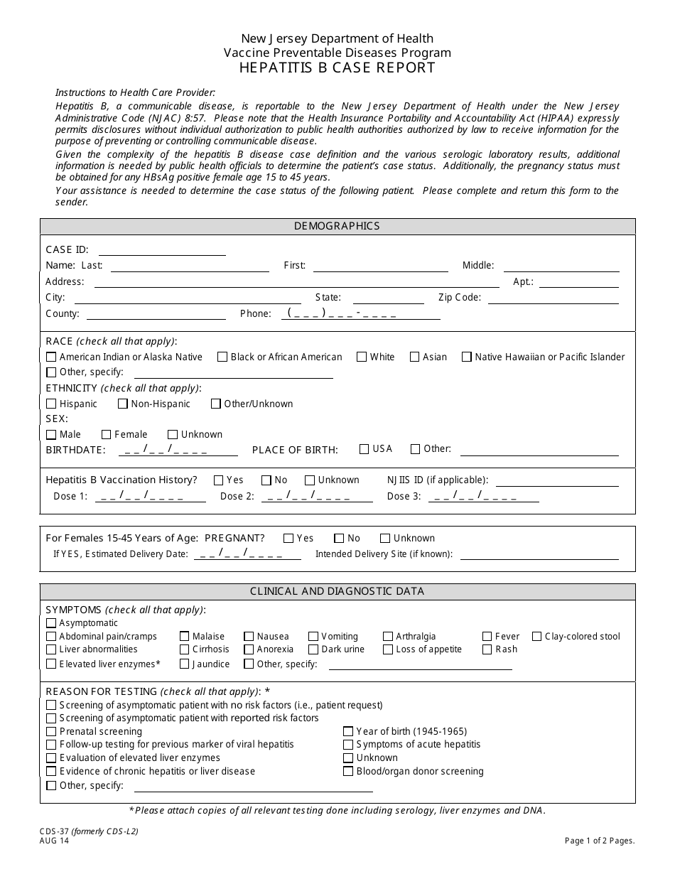 Form CDS-37 Hepatitis B Case Report - New Jersey, Page 1