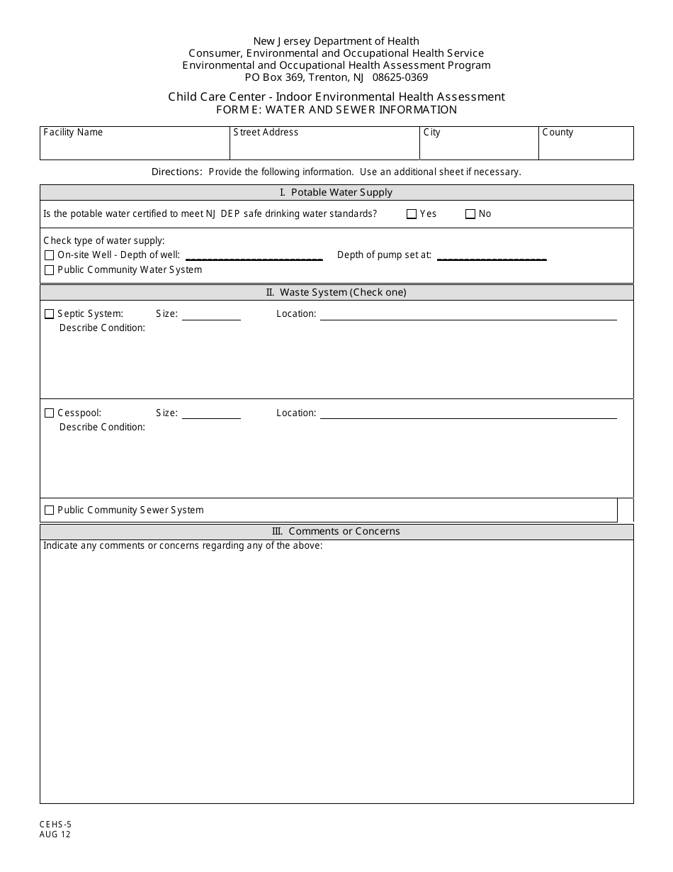 Form CEHS-5 (E) Child Care Center - Indoor Environmental Health Assessment - Water and Sewer Information - New Jersey, Page 1