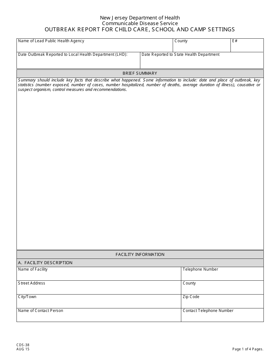 Form CDS-38 Outbreak Report for Child Care, School and Camp Settings - New Jersey, Page 1