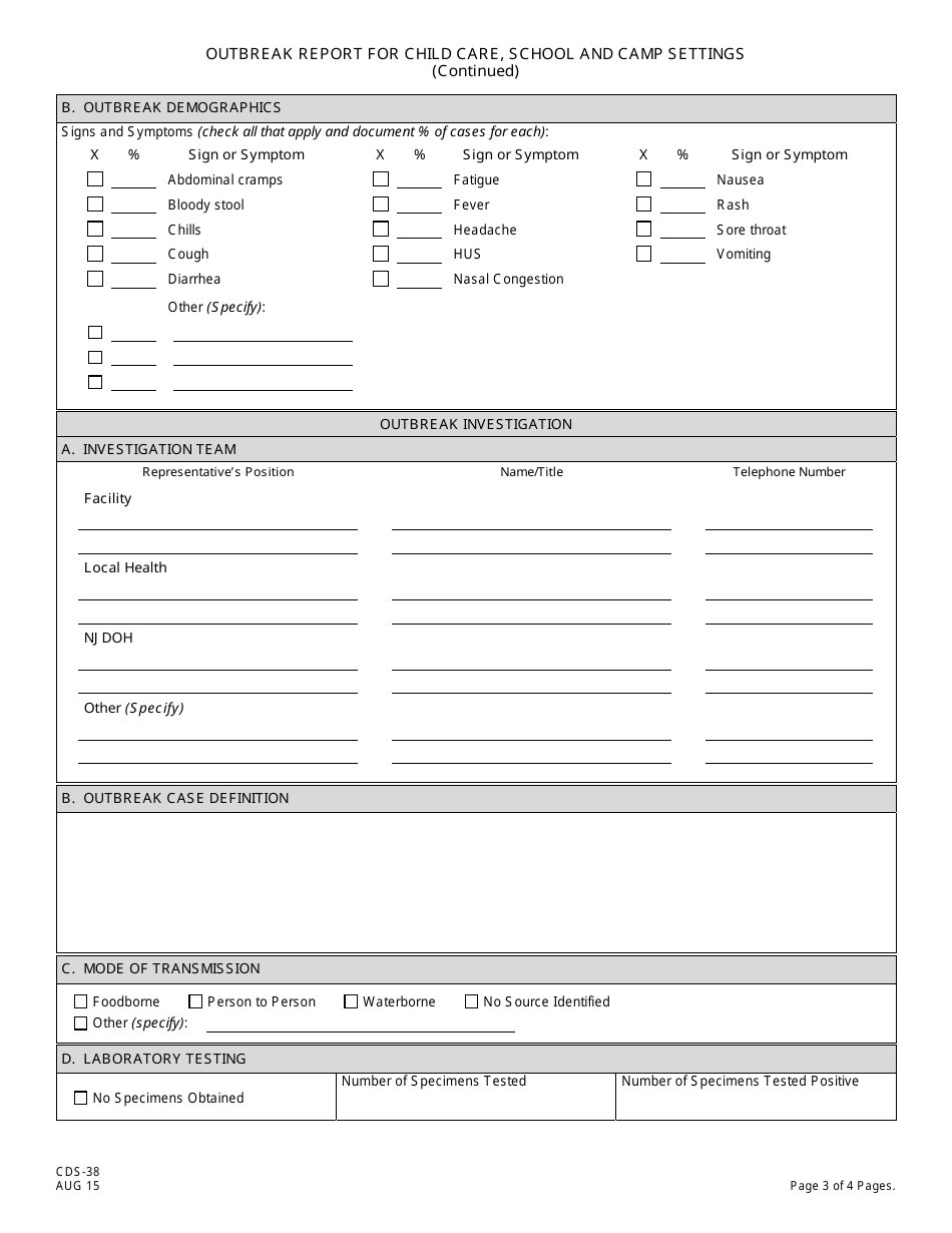 Form CDS-38 Outbreak Report for Child Care, School and Camp Settings - New Jersey, Page 3