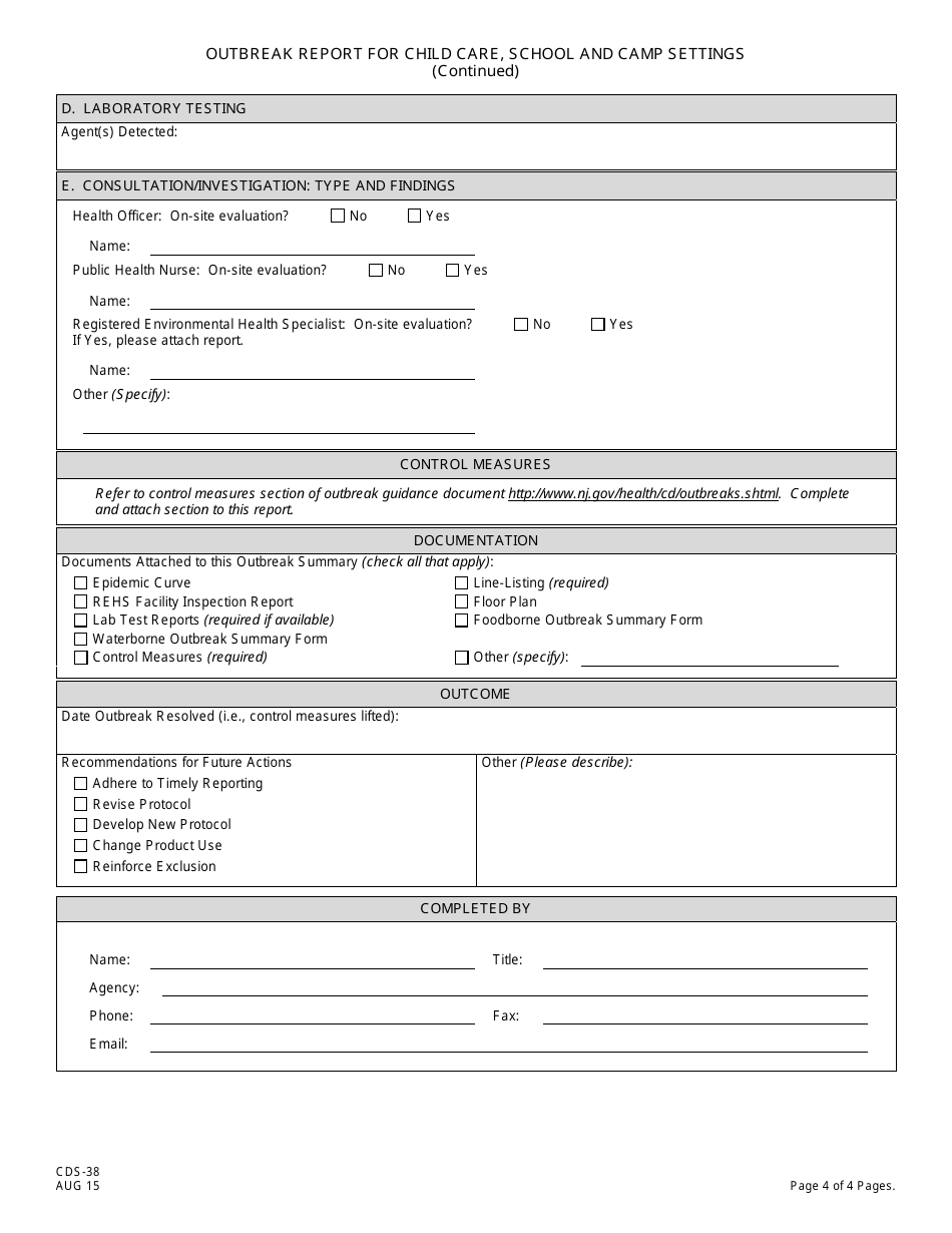 Form CDS-38 Outbreak Report for Child Care, School and Camp Settings - New Jersey, Page 4