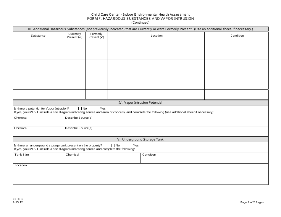 Form CEHS-6 (F) Child Care Center - Indoor Environmental Health Assessment - Hazardous Substances and Vapor Intrusion - New Jersey, Page 2