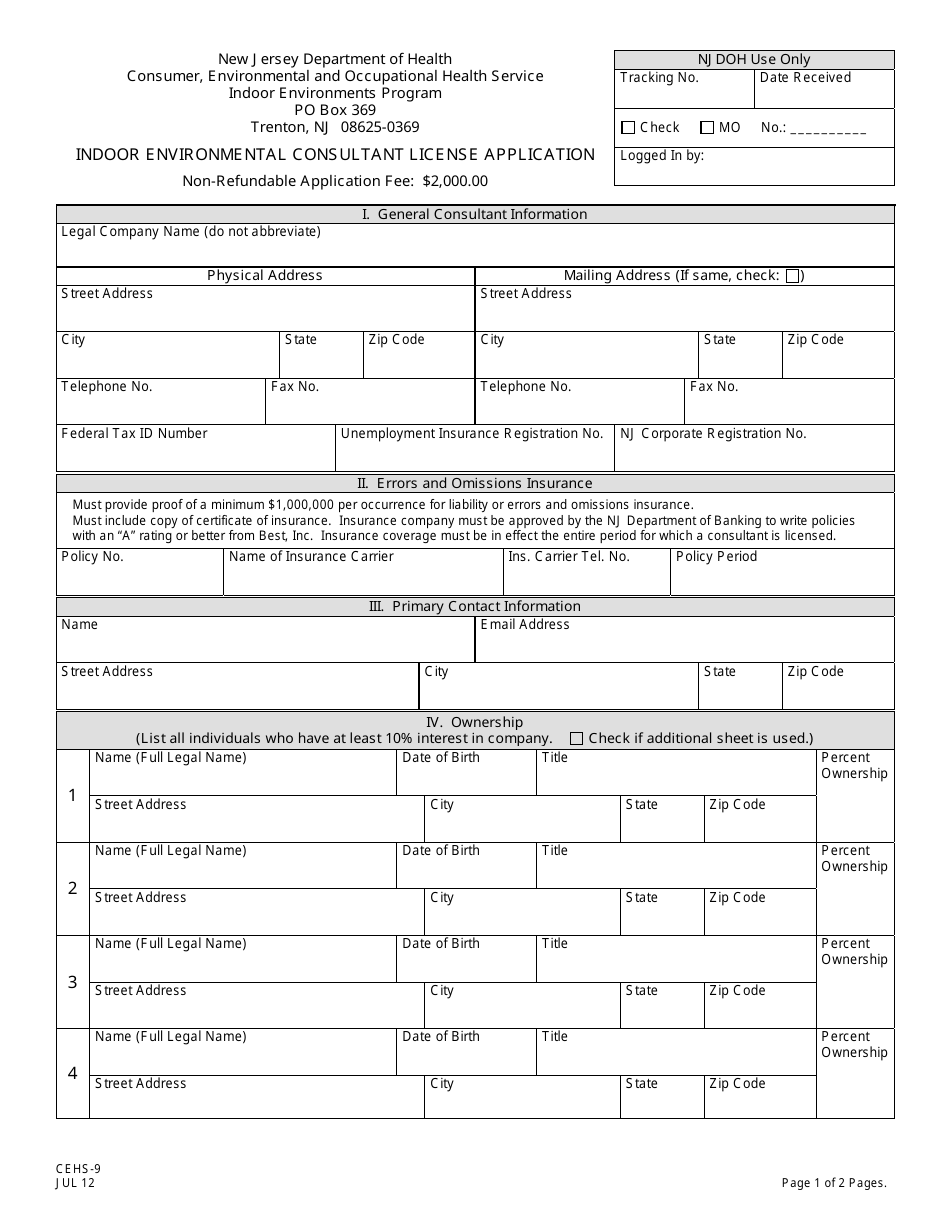 Form CEHS-9 Indoor Environmental Consultant License Application - New Jersey, Page 1