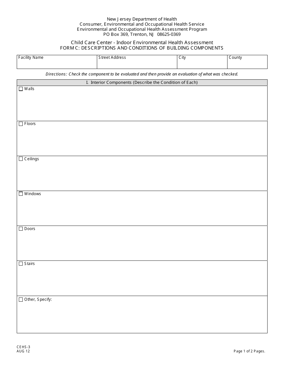 Form C (CEHS-3) Child Care Center - Indoor Environmental Health Assessment - Descriptions and Conditions of Building Components - New Jersey, Page 1